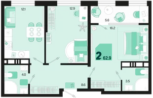 Планировка 2-комн. квартира, 62.9 м² ЖК «Первое место»