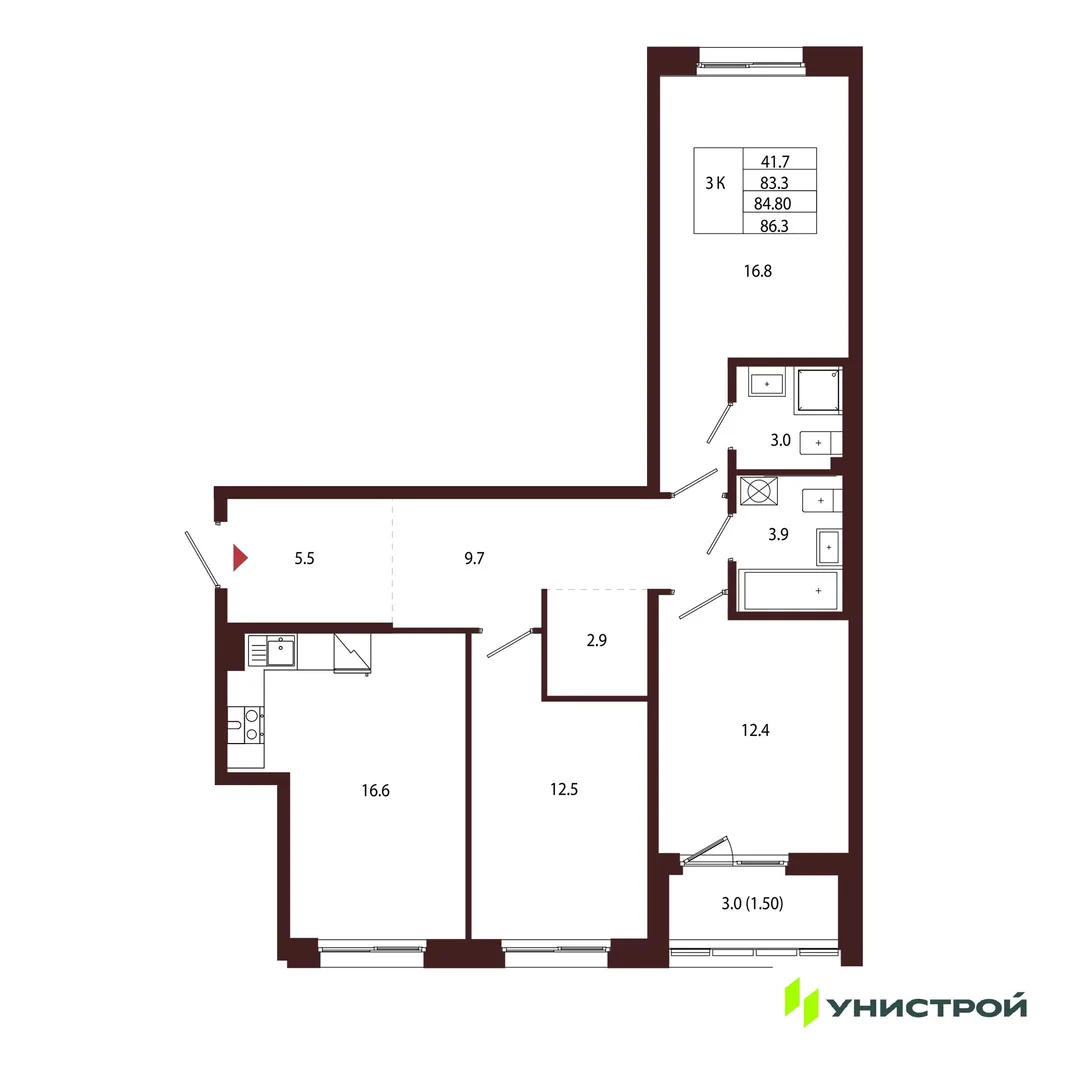 Планировка 3-комн. квартира, 84.8 м² ЖК «Лисино»