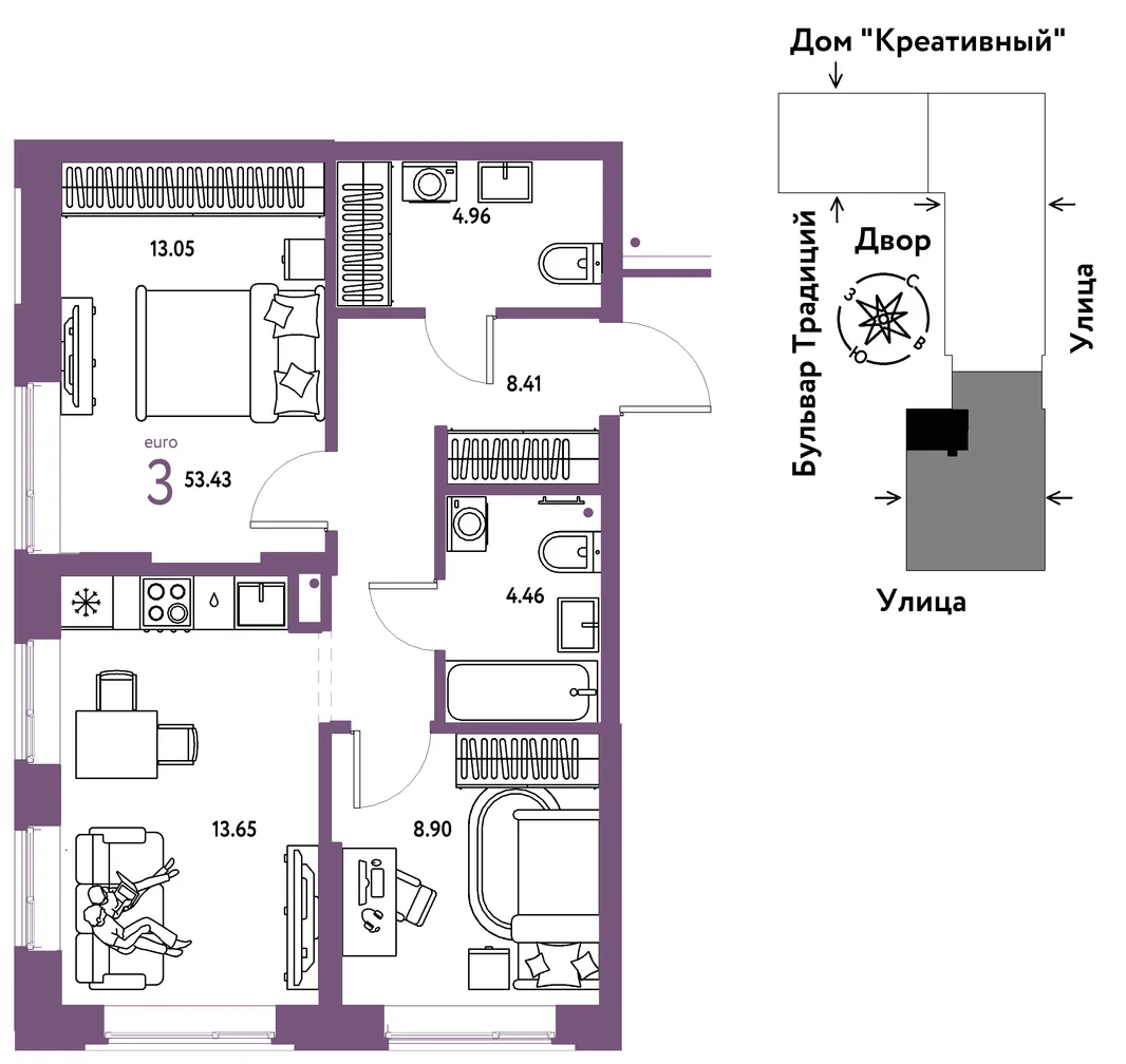 Планировка 3-комн. квартира, 53.43 м² ЖК «Микрорайон Домашний»