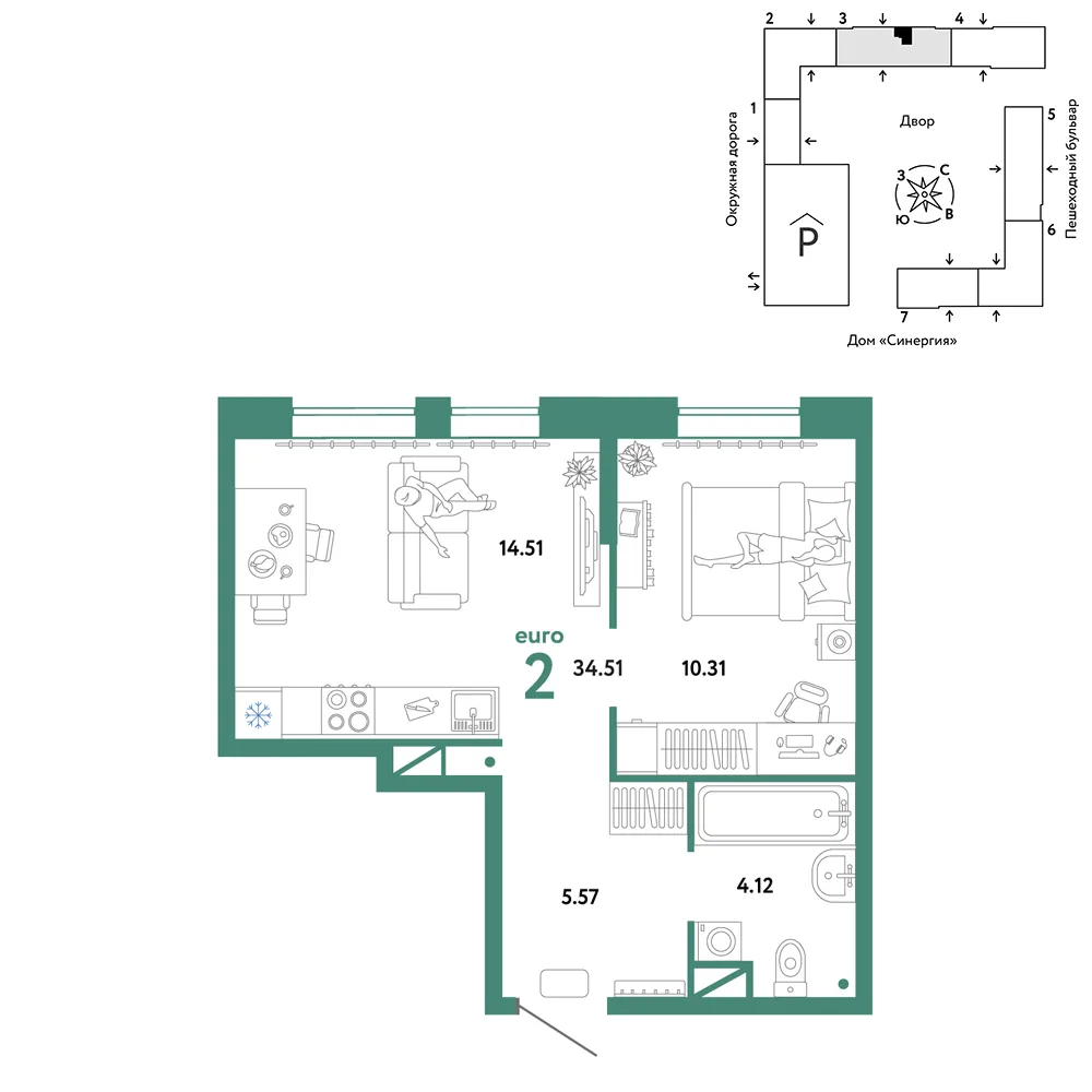 Планировка 2-комн. квартира, 34.51 м² ЖК «Юнион»