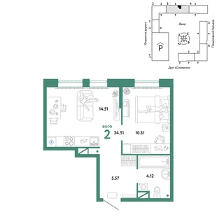 Планировка 2-комн. квартира, 34.51 м² ЖК «Юнион»
