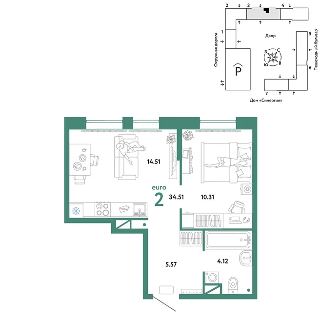 Планировка 2-комн. квартира, 34.51 м² ЖК «Юнион»