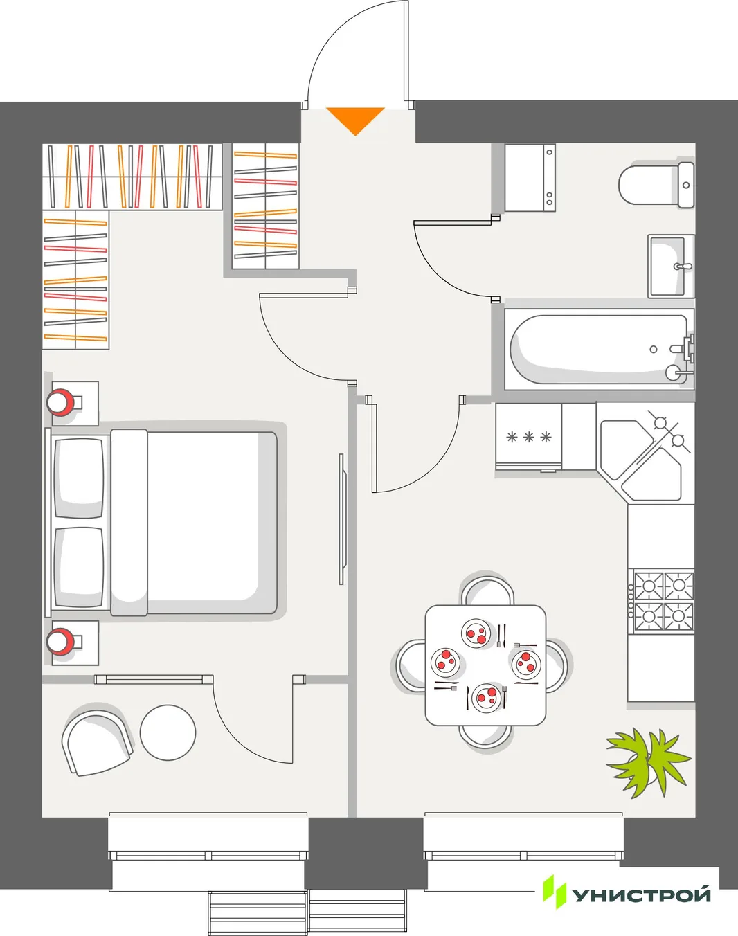 Планировка 1-комн. квартира, 34.44 м² ЖК «Атмосфера»
