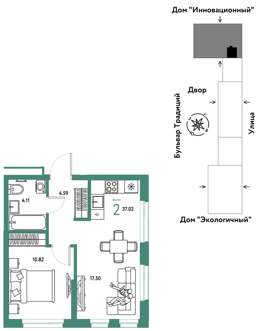 Планировка 2-комн. квартира, 37.02 м² ЖК «Микрорайон Домашний»