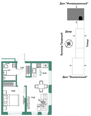 Планировка 2-комн. квартира, 37.02 м² ЖК «Микрорайон Домашний»