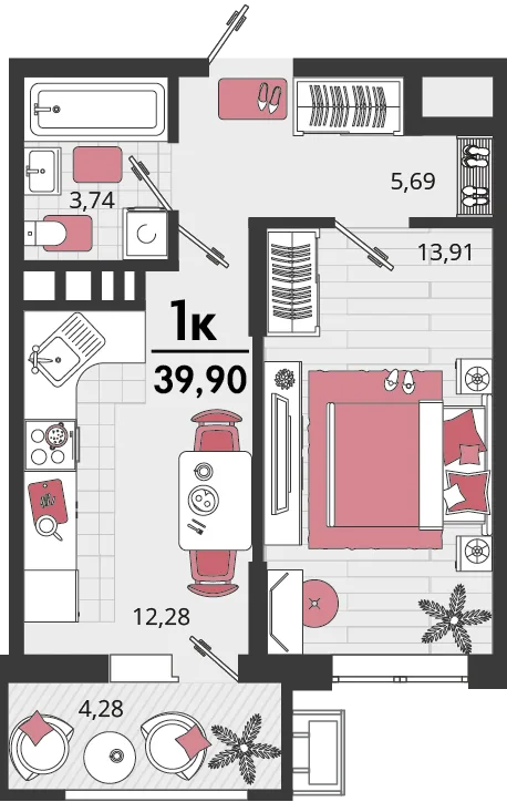 Планировка 1-комн. квартира, 39.9 м² ЖК «Родные просторы»