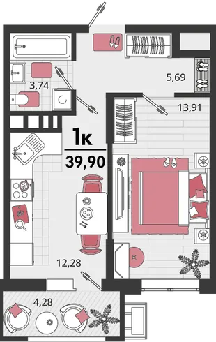 Планировка 1-комн. квартира, 39.9 м² ЖК «Родные просторы»