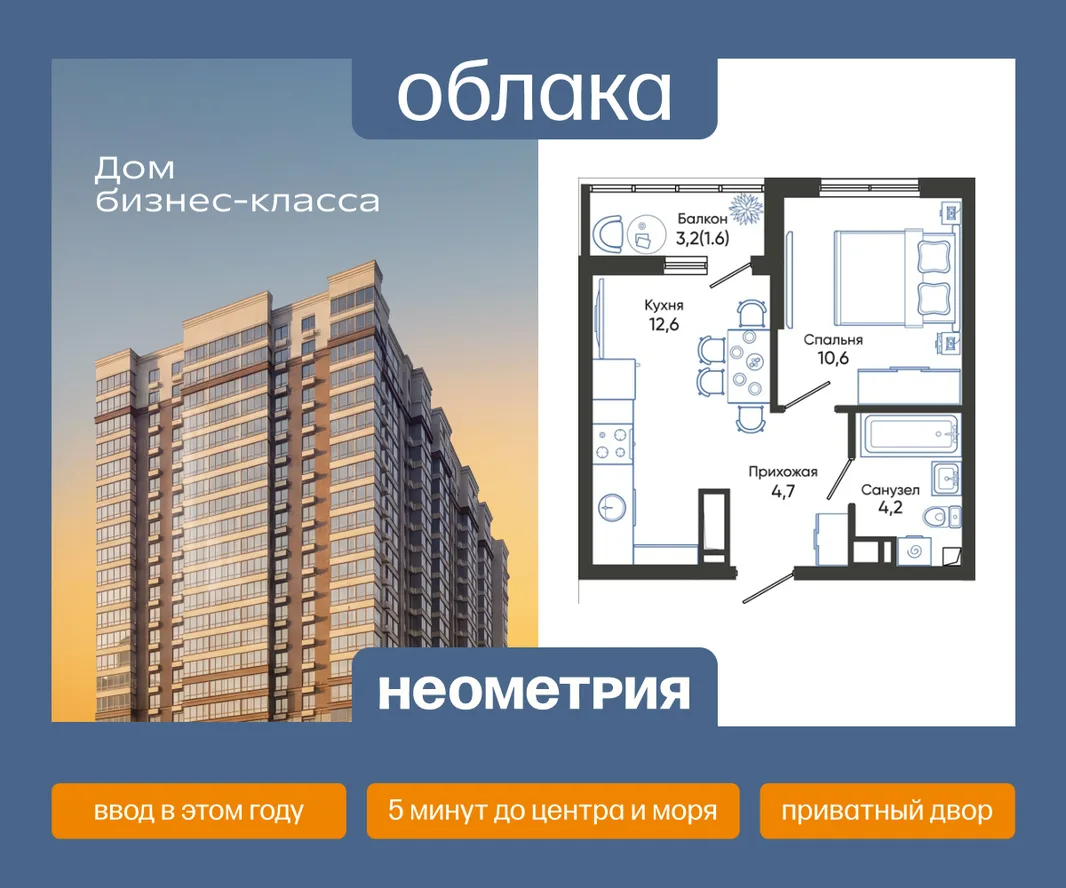Планировка 1-комн. квартира, 33.7 м² ЖК «Облака»
