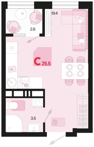 Планировка Студия, 25.5 м² ЖК «Первое место»