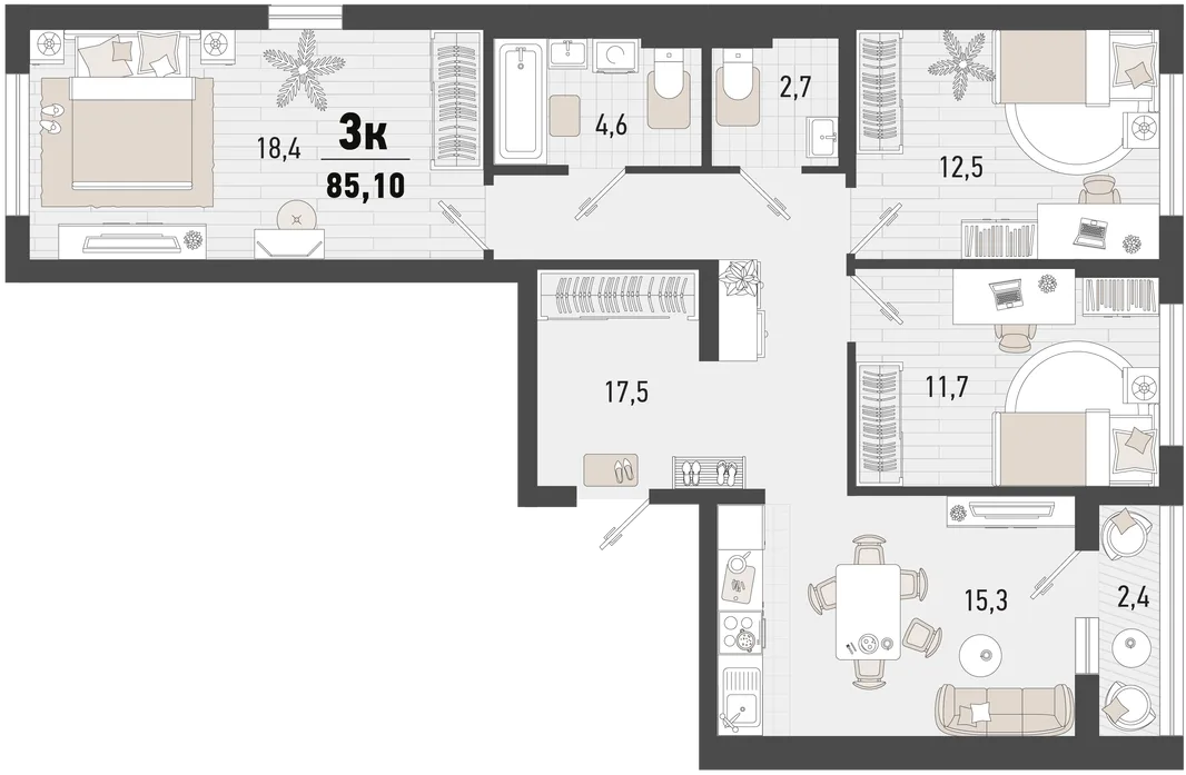 Планировка 3-комн. квартира, 85.1 м² ЖК «Барса»