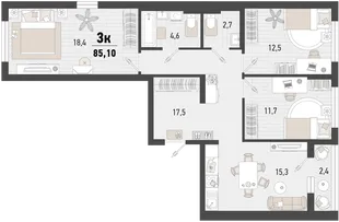 Планировка 3-комн. квартира, 85.1 м² ЖК «Барса»