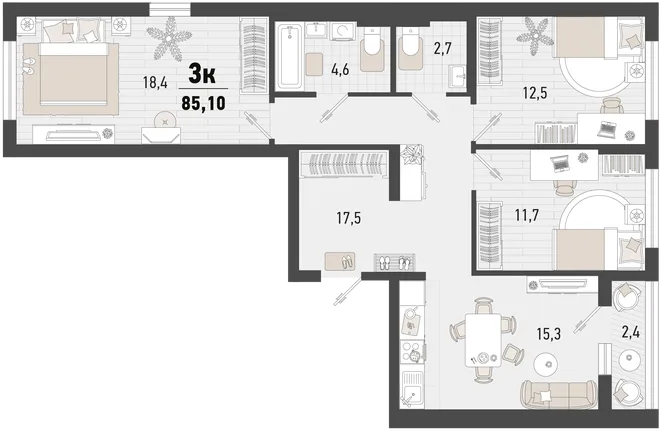 Планировка 3-комн. квартира, 85.1 м² ЖК «Барса»