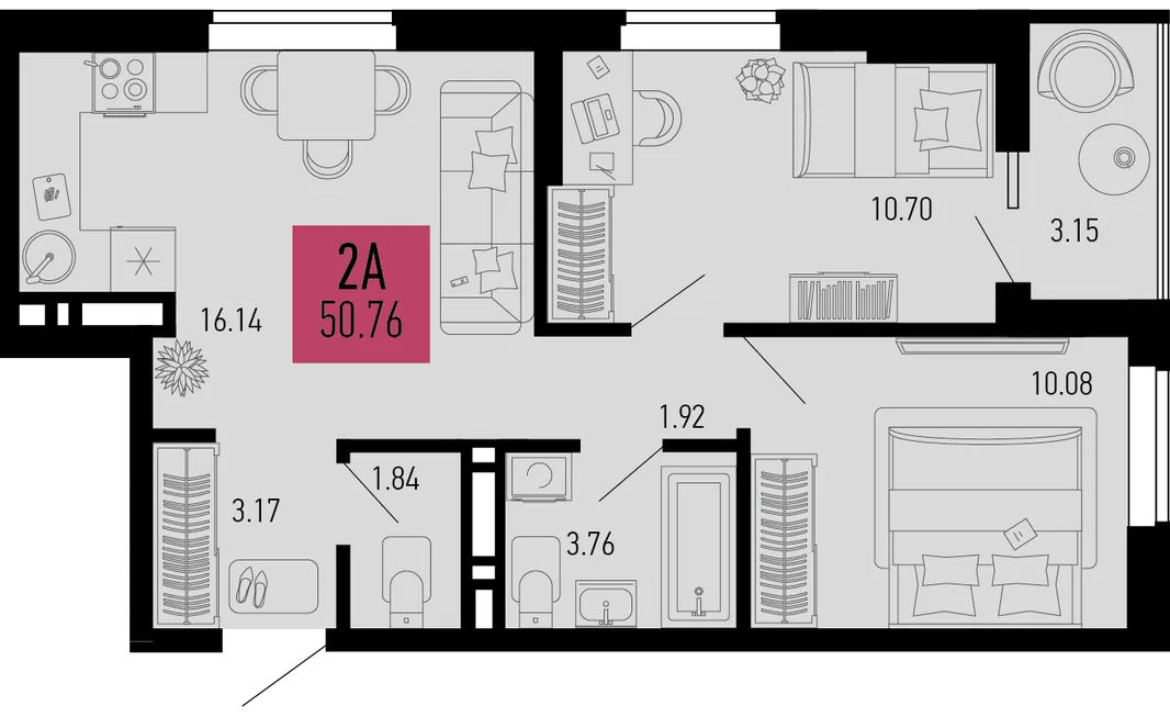 Планировка 2-комн. квартира, 50.76 м² ЖК «Столицыно»