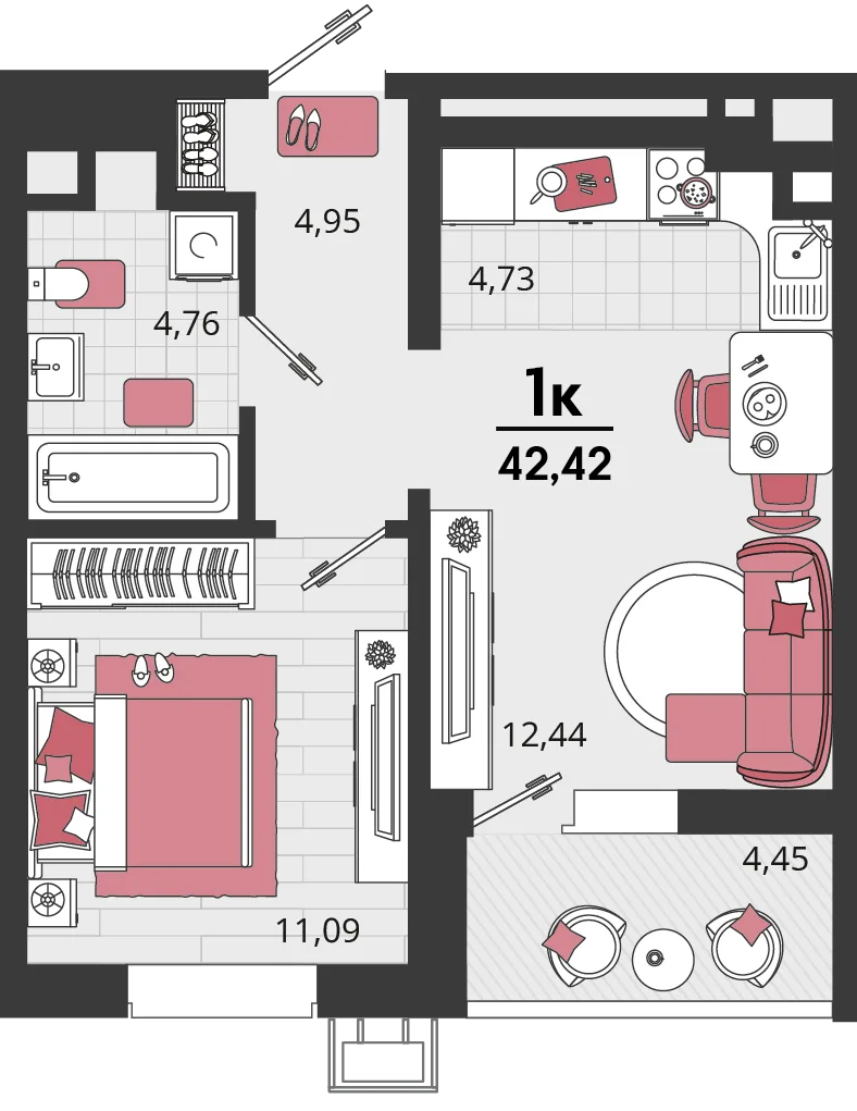 Планировка 2-комн. квартира, 42.42 м² ЖК «Родные просторы»
