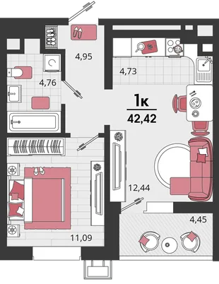 Планировка 2-комн. квартира, 42.42 м² ЖК «Родные просторы»