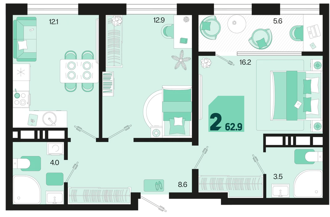 Планировка 2-комн. квартира, 62.9 м² ЖК «Первое место»