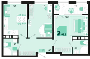Планировка 2-комн. квартира, 62.9 м² ЖК «Первое место»