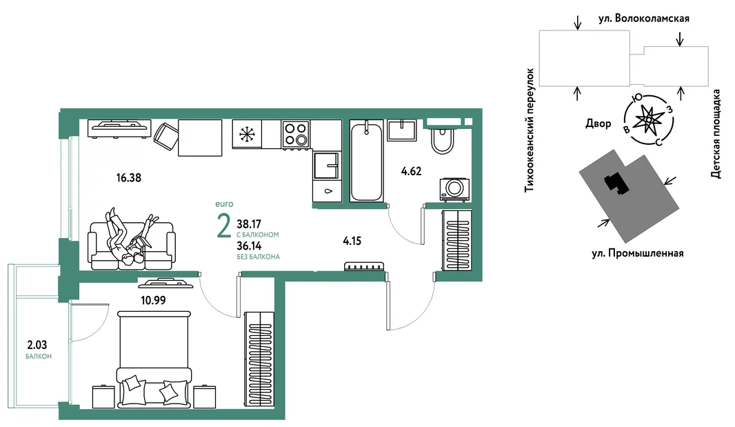 Планировка 2-комн. квартира, 38.17 м² ЖК «Страна Прибрежная»