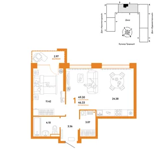 Планировка 1-комн. квартира, 49.3 м² ЖК «Микрорайон Домашний»
