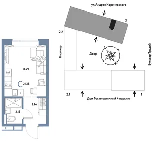 Планировка Студия, 21.38 м² ЖК «Микрорайон Домашний»
