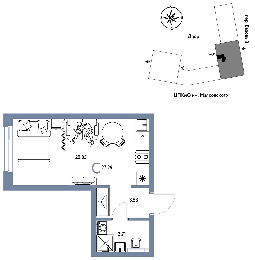 Планировка Студия, 27.29 м² ЖК «Сибирский сад»