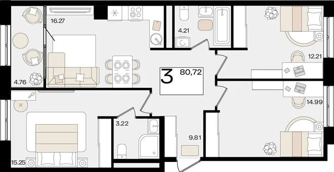 Планировка 3-комн. квартира, 80.63 м² ЖК «Патрики» Планировка 3-комн. квартира, 80.63 м² ЖК «Патрики»