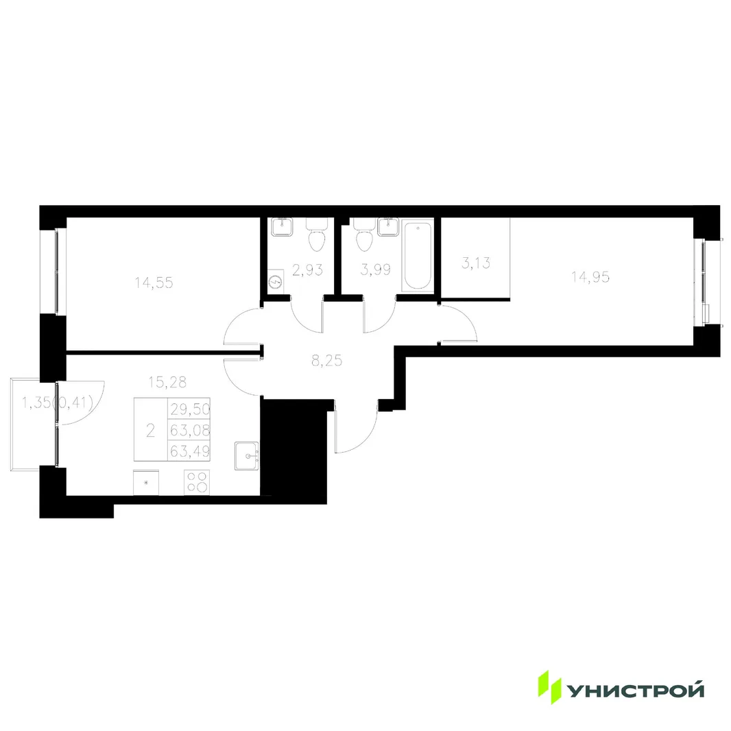 Планировка 2-комн. квартира, 63.49 м² ЖК «Statum»