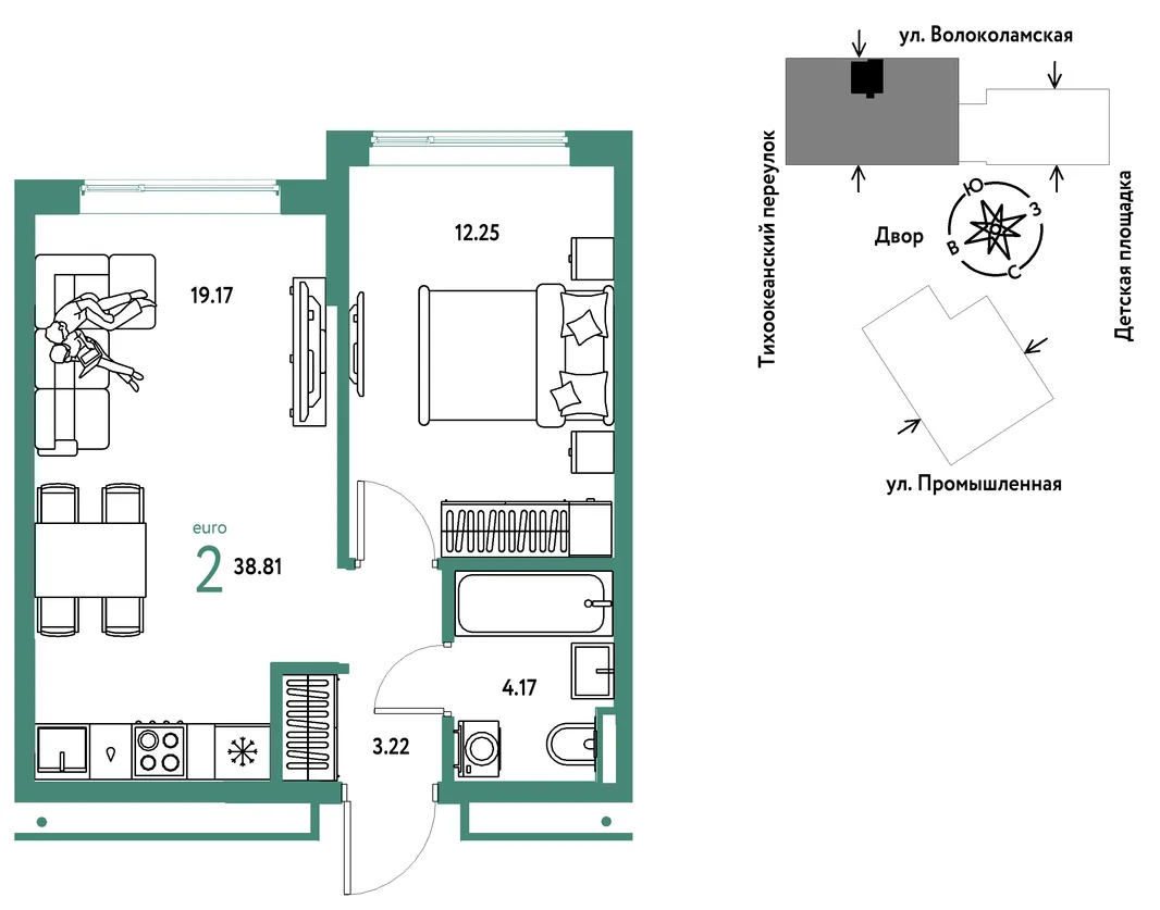 Планировка 2-комн. квартира, 38.81 м² ЖК «Страна Прибрежная»