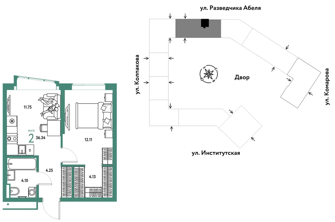 Планировка 2-комн. квартира, 36.34 м² ЖК «Страна.Парковая»