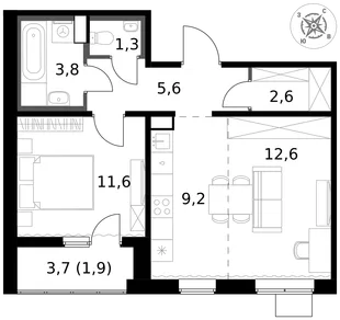 Квартира 2-комн. квартира, 48.6 м² ЖК «1-й Южный» Фото 1 Квартира 2-комн. квартира, 48.6 м² ЖК «1-й Южный» Фото 1