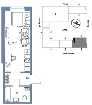 Планировка Студия, 29.53 м² ЖК «Остров-сад»