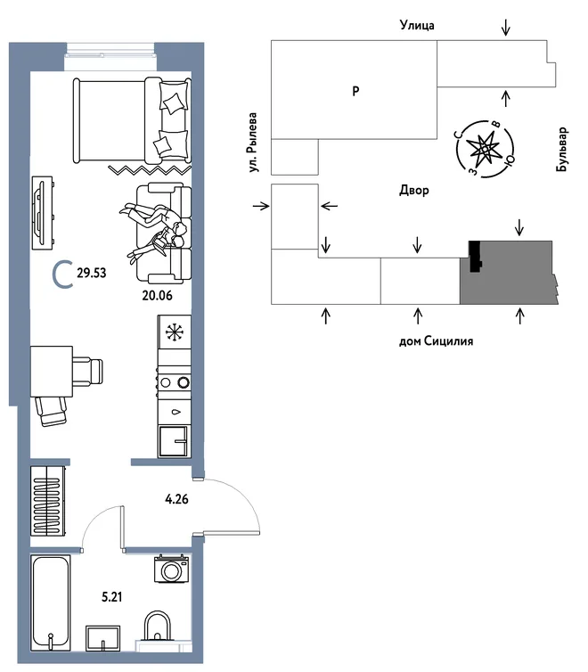 Планировка Студия, 29.53 м² ЖК «Остров-сад» Планировка Студия, 29.53 м² ЖК «Остров-сад»