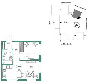 Планировка 2-комн. квартира, 39.08 м² ЖК «Сердце Сибири»