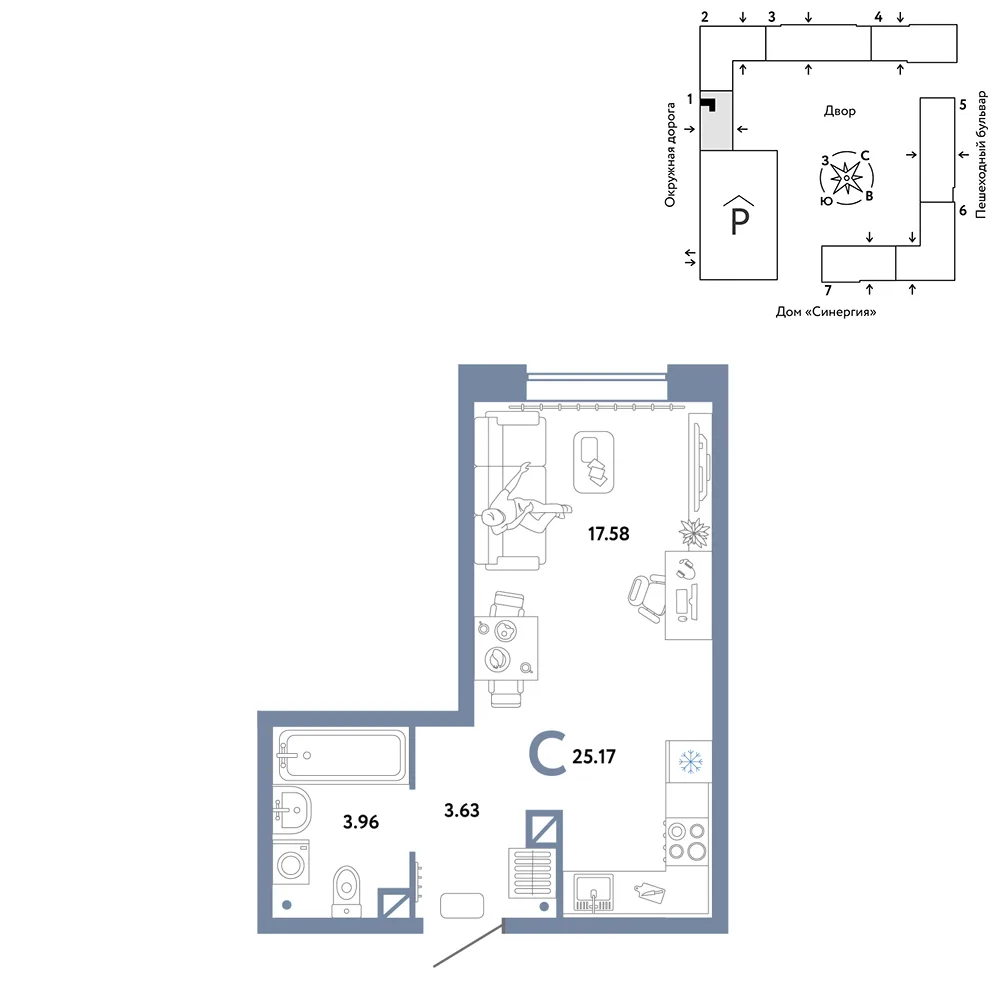 Планировка Студия, 25.17 м² ЖК «Юнион»