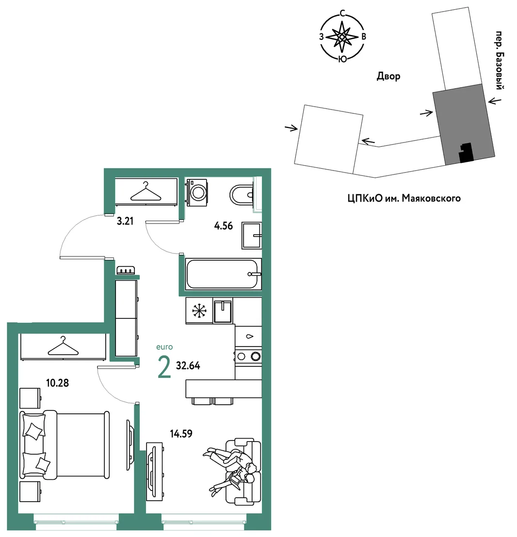 Планировка 2-комн. квартира, 32.64 м² ЖК «Сибирский сад»