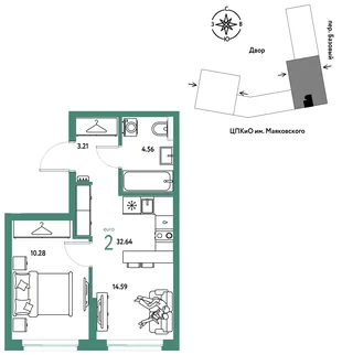 Планировка 2-комн. квартира, 32.64 м² ЖК «Сибирский сад»
