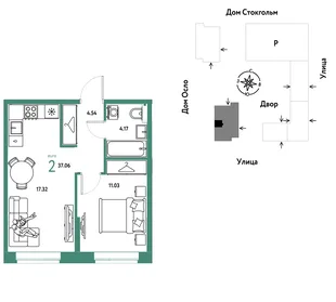 Планировка 2-комн. квартира, 37.06 м² ЖК «Европейский берег 2.0»