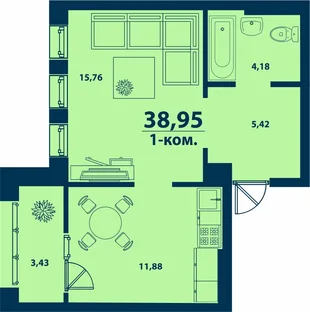 Планировка 1-комн. квартира, 38.95 м² ЖК «Город природы»