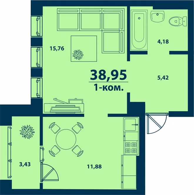 Планировка 1-комн. квартира, 38.95 м² ЖК «Город природы» Планировка 1-комн. квартира, 38.95 м² ЖК «Город природы»
