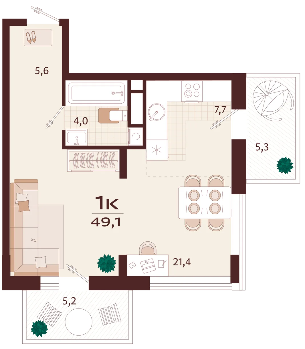 Планировка 1-комн. квартира, 49.1 м² ЖК «Роялта»