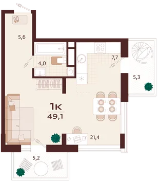 Планировка 1-комн. квартира, 49.1 м² ЖК «Роялта»