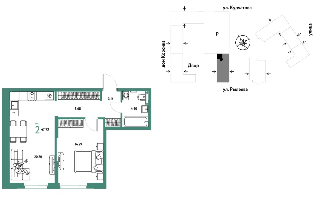 Планировка 2-комн. квартира, 47.93 м² ЖК «Остров-сад»