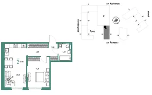 Планировка 2-комн. квартира, 47.93 м² ЖК «Остров-сад»