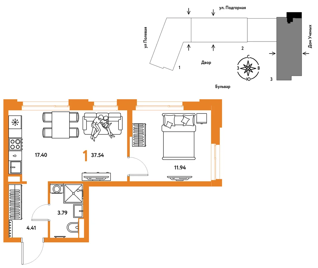 Планировка 1-комн. квартира, 37.62 м² ЖК «Авторский»