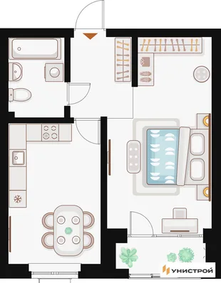 Планировка 1-комн. квартира, 43.05 м² ЖК «Жилой кластер Q на Кулагина»