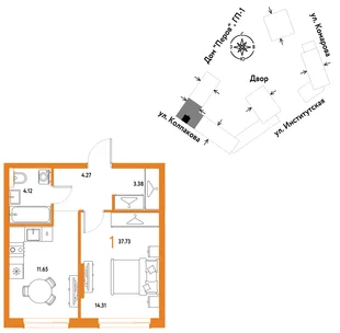 Планировка 1-комн. квартира, 37.73 м² ЖК «Страна.Парковая»
