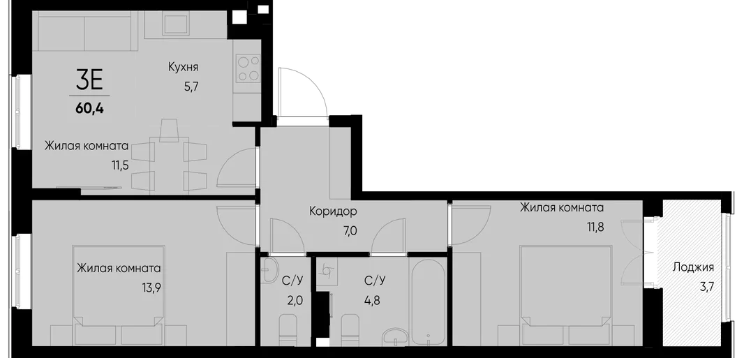 Планировка 3-комн. квартира, 60.5 м² ЖК «Васильевский остров»