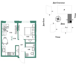 Планировка 2-комн. квартира, 37.9 м² ЖК «Европейский берег 2.0»