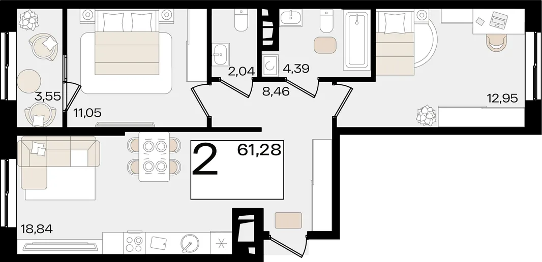 Планировка 2-комн. квартира, 61.28 м² ЖК «Патрики»