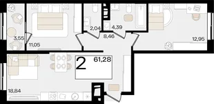 Планировка 2-комн. квартира, 61.28 м² ЖК «Патрики»